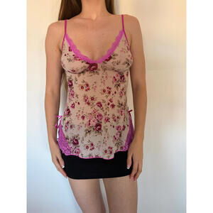 Pink Lace Trim Floral Cami Tank Top